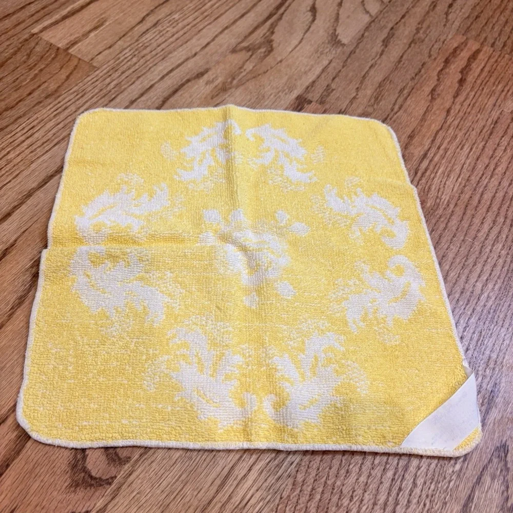 Vintage Yellow Damask Washcloths Set of 3 Cotton Floral Scroll Bathroom Linens